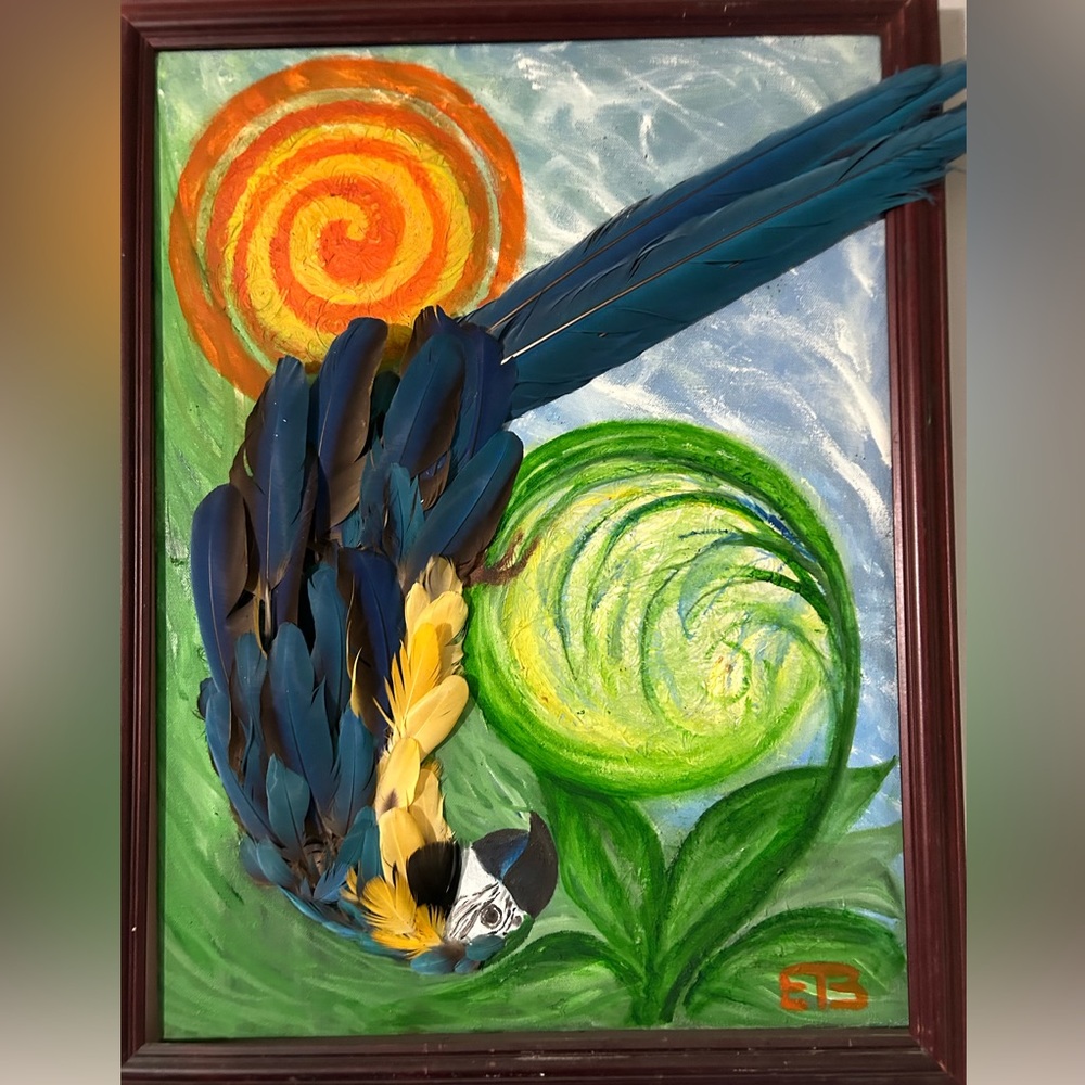 Original oil painting “Jake upside down”, 27”x21”, made with Macar feathers